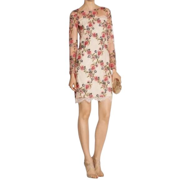 Marchesa Notte Floral Lace Embroidered Dress Cream Size 6 Cocktail Semi Sheer - Picture 1 of 16